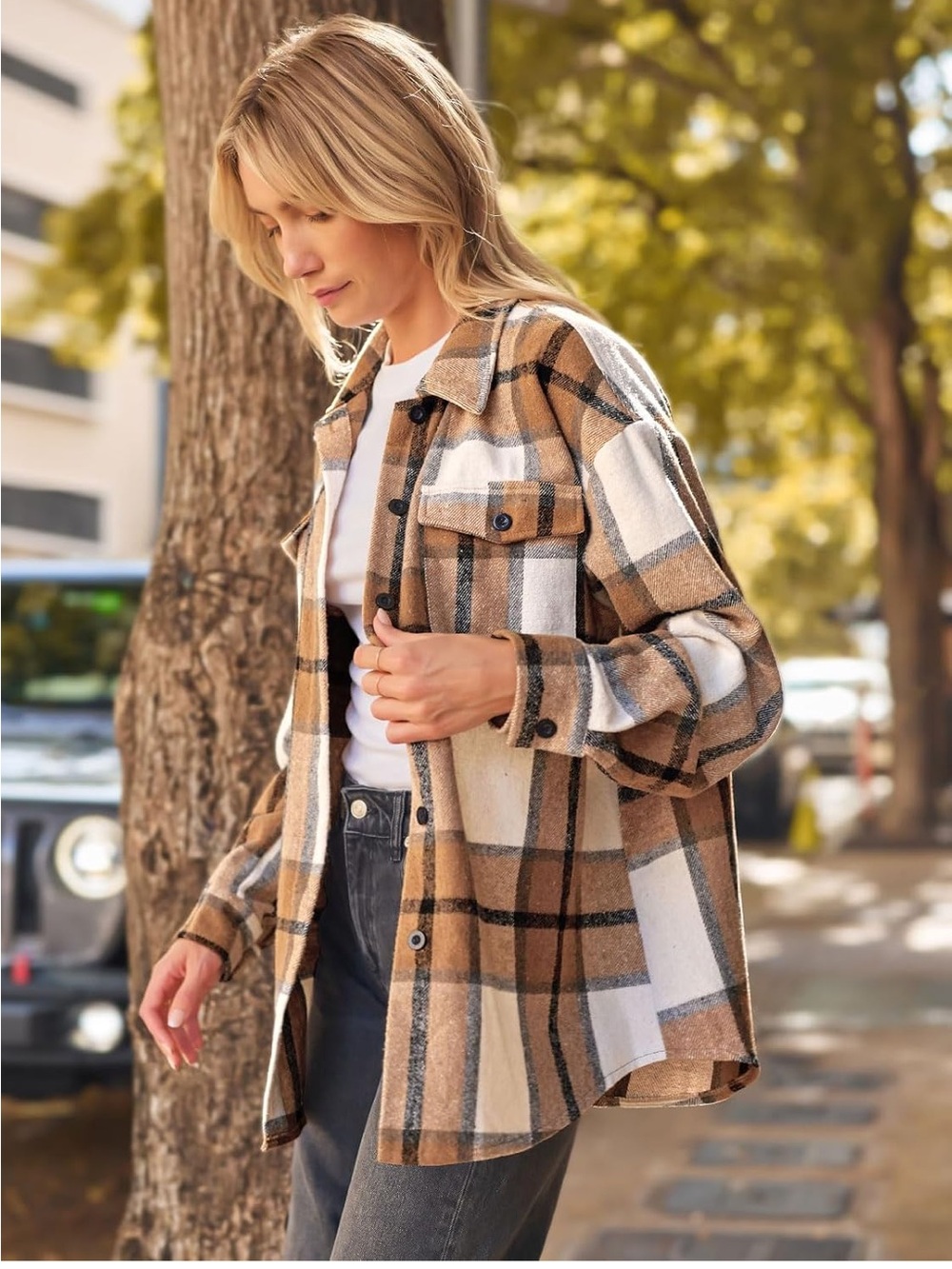 Plaid Flannel Shacket - Beige, White, Black - Size S
